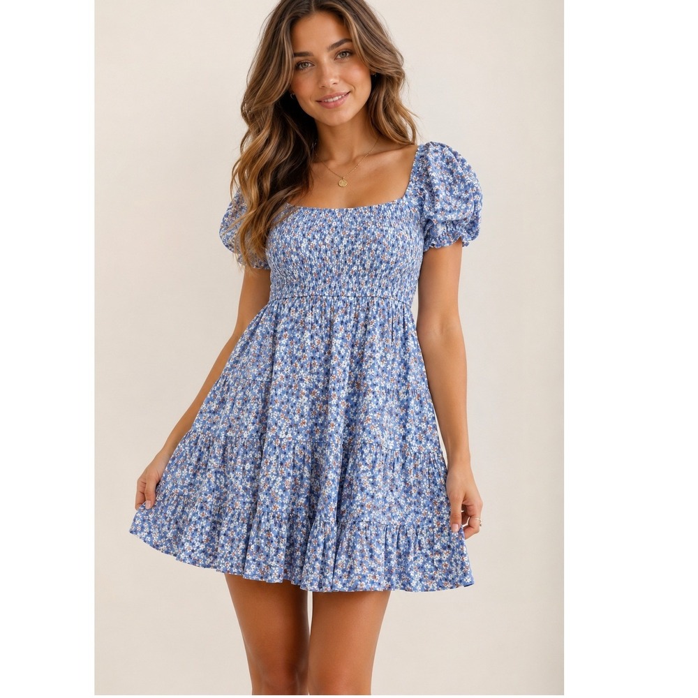 Altar'd State Addey Floral Smocked Tiered Puff Sleeve Cottagecore Mini Dress M